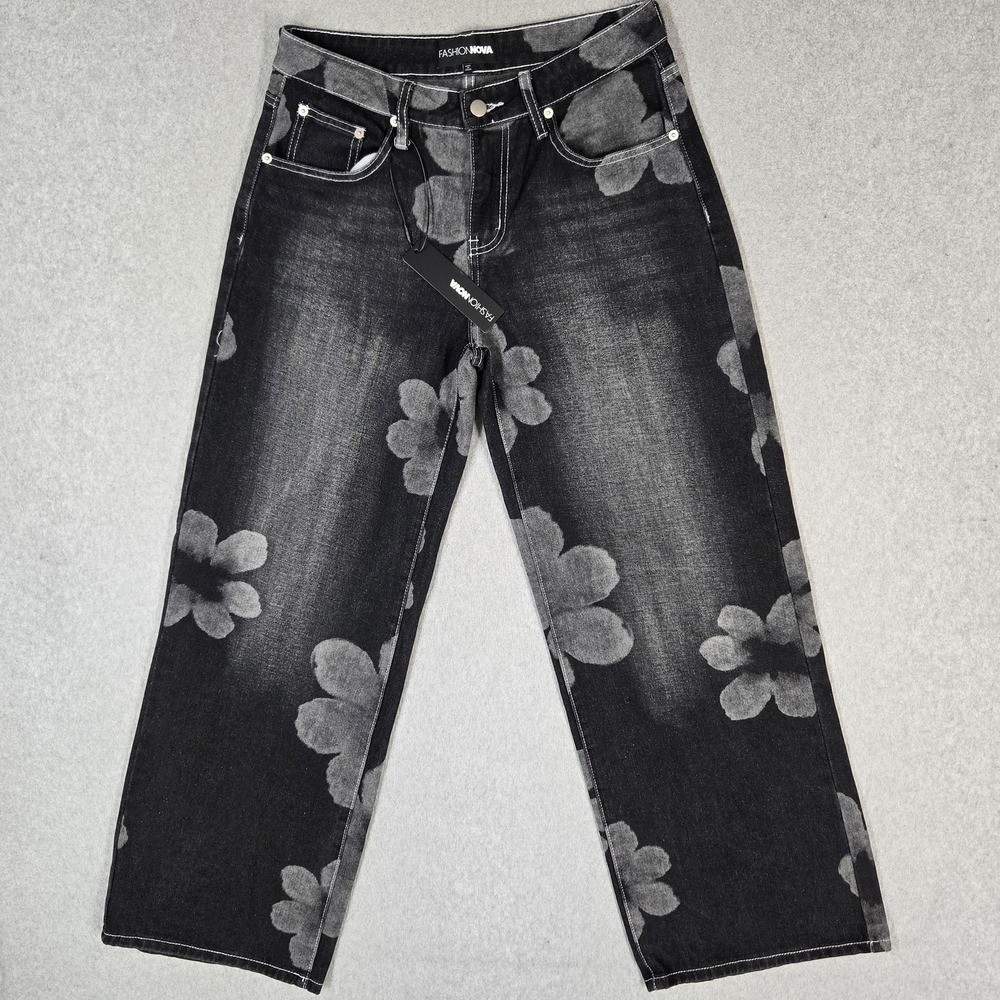 Fashion Nova Juniors Jeans 7 Black Floral Denim Born To Bloom Baggy Wide 29" NWT